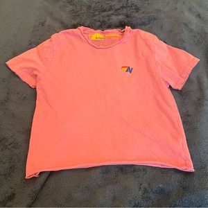 Magenta Aviator Nation cropped t-shirt with embroidered logo.